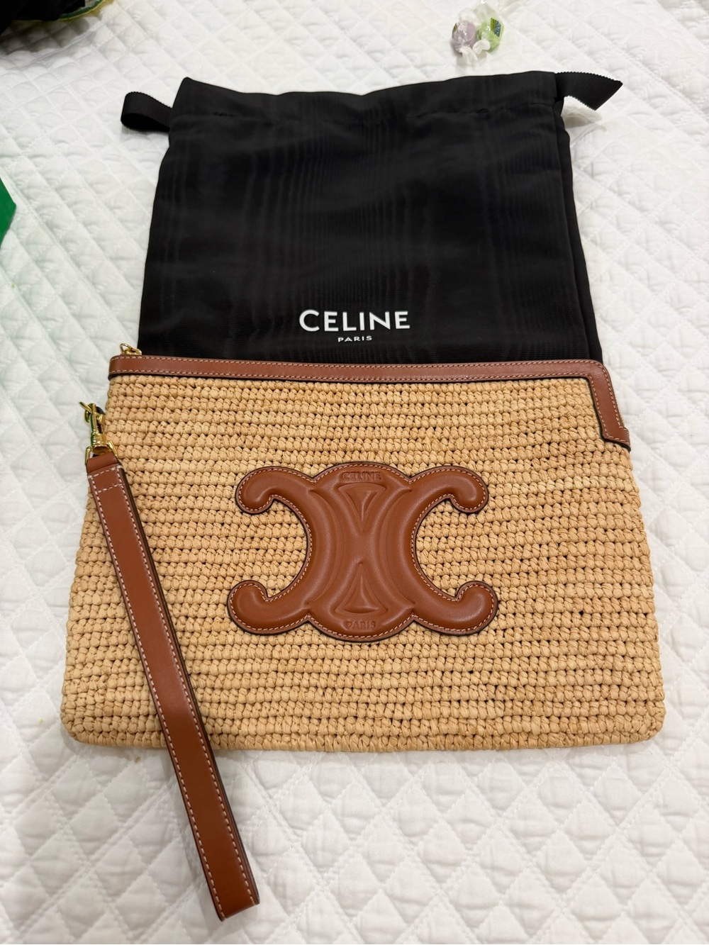 Celine Tan Raffia Wristlet Clutch with Leather Trim
